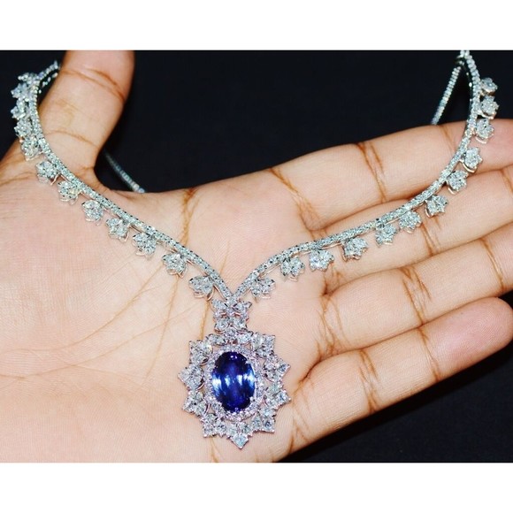 GIA Certified Natural 26.9CTS VS F Diamond Tanzanite 18K Solid Gold Necklace - Picture 10 of 12